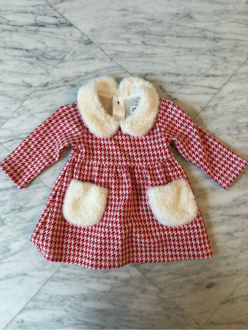 Hayley Baby Girls' Red Houndstooth Coat with Faux Fur Collar and Pockets